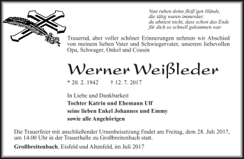 Traueranzeige von Werner Weißleder von Südthüringer Presse
