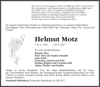Traueranzeige von Helmut Motz von Südthüringer Presse