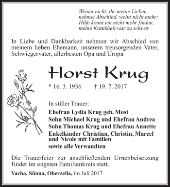 Traueranzeige von Horst Krug von Südthüringer Presse