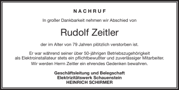 Traueranzeige von Rudolf Zeitler von Frankenpost