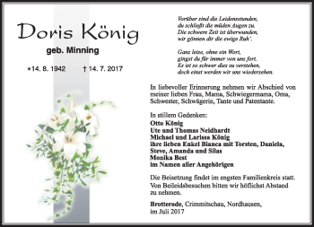 Traueranzeige von Doris König von Südthüringer Presse