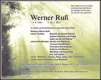 Traueranzeige von Werner Ruß von Südthüringer Presse