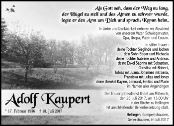 Traueranzeige von Adolf Kaupert von Südthüringer Presse