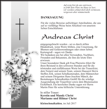 Traueranzeige von Andreas Christ von Südthüringer Presse