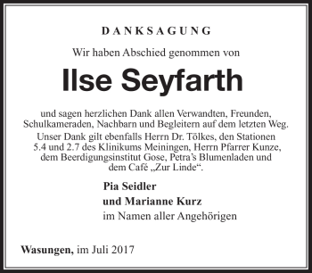 Traueranzeige von Ilse Seyfarth von Südthüringer Presse