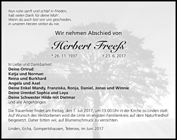Traueranzeige von Herbert Freeß von Südthüringer Presse