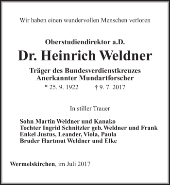 Traueranzeige von Heinrich Weldner von Südthüringer Presse