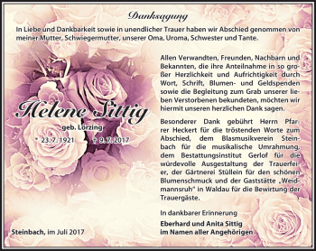 Traueranzeige von Helene Sittig von Südthüringer Presse