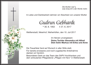 Traueranzeige von Gudrun Gebhardt von Frankenpost