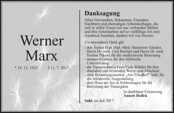 Traueranzeige von Werner Marx von Südthüringer Presse