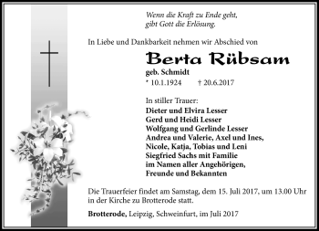 Traueranzeige von Berta Rübsam von Südthüringer Presse