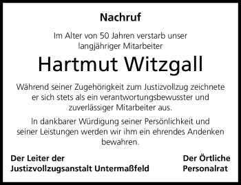 Traueranzeige von Hartmut Witzgall von Südthüringer Presse