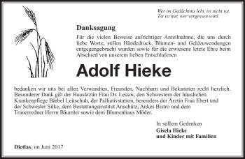 Traueranzeige von Adolf Hieke von Südthüringer Presse