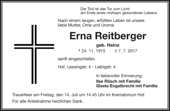 Traueranzeige von Erna Reitberger von Frankenpost