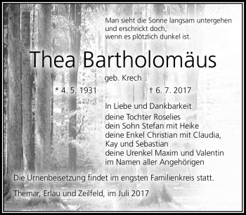 Traueranzeige von Thea Bartholomäus von Südthüringer Presse
