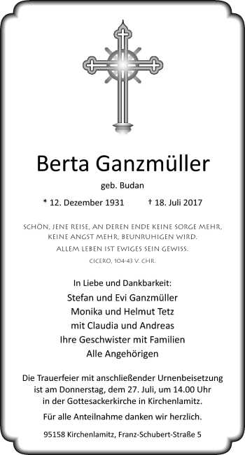 Traueranzeige von Berta Ganzmüller von Frankenpost