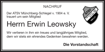 Traueranzeige von Erwin Leowsky von Frankenpost