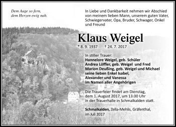 Traueranzeige von Klaus Weigel von Südthüringer Presse