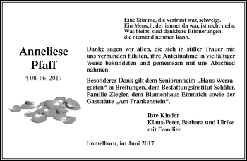 Traueranzeige von Anneliese Pfaff von Südthüringer Presse