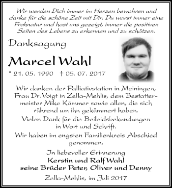 Traueranzeige von Marcel Wahl von Südthüringer Presse