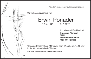 Traueranzeige von Erwin Ponader von Frankenpost