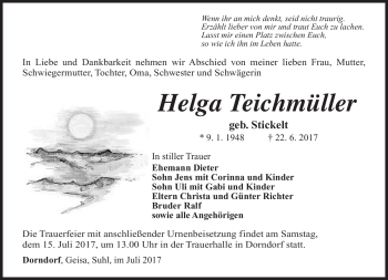 Traueranzeige von Helga Teichmüller von Südthüringer Presse