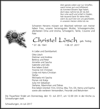 Traueranzeige von Christel Lösch von Südthüringer Presse