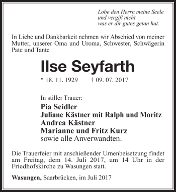 Traueranzeige von Ilse Seyfarth von Südthüringer Presse
