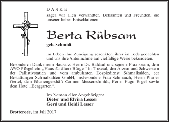 Traueranzeige von Berta Rübsam von Südthüringer Presse