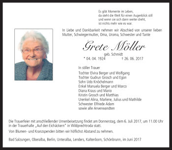 Traueranzeige von Grete Möller von Südthüringer Presse