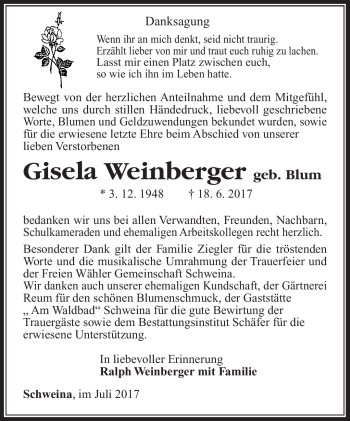 Traueranzeige von Gisela Weinberger von Südthüringer Presse