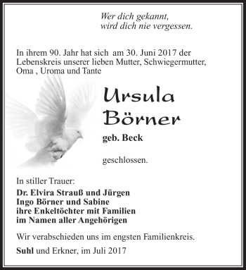 Traueranzeige von Ursula Börner von Südthüringer Presse