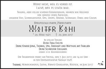 Traueranzeige von Walter Kahl von Südthüringer Presse