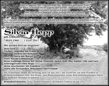 Traueranzeige von Silvia Hepp von Südthüringer Presse