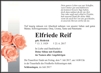 Traueranzeige von Elfriede Reif von Südthüringer Presse