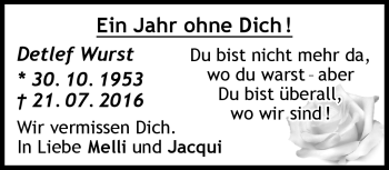 Traueranzeige von Detlef Wurst von Neue Presse Coburg