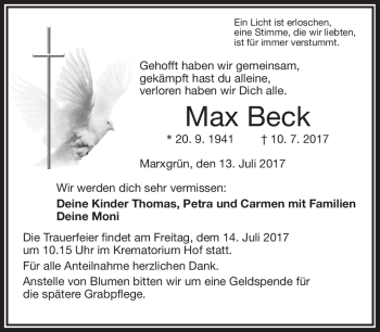 Traueranzeige von Max Beck von Frankenpost