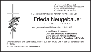 Traueranzeige von Frieda Neugebauer von Frankenpost