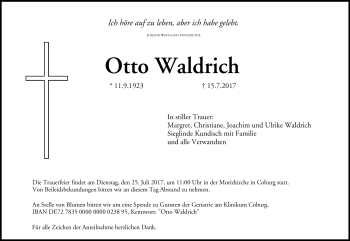Traueranzeige von Otto Waldrich von Neue Presse Coburg