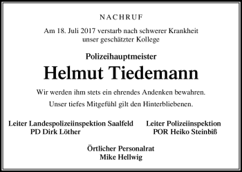 Traueranzeige von Helmut Tiedemann von Südthüringer Presse