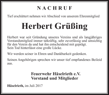 Traueranzeige von Herbert Grüßing von Südthüringer Presse