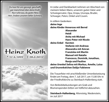 Traueranzeige von Heinz Knoth von Südthüringer Presse
