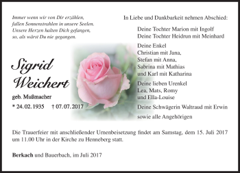 Traueranzeige von Sigrid Weichert von Südthüringer Presse