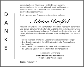 Traueranzeige von Adrian Dreßel von Südthüringer Presse