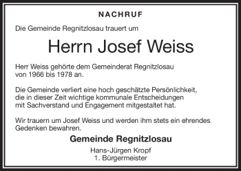 Traueranzeige von Josef Weiss von Frankenpost