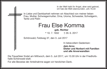 Traueranzeige von Else Komma von Frankenpost