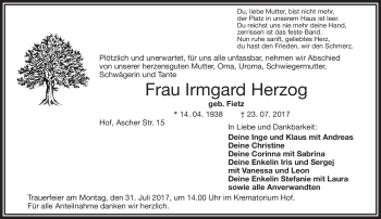 Traueranzeige von Irmgard Herzog von Frankenpost