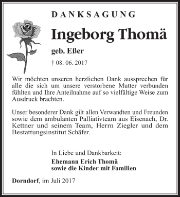 Traueranzeige von Ingeborg Thomä von Südthüringer Presse