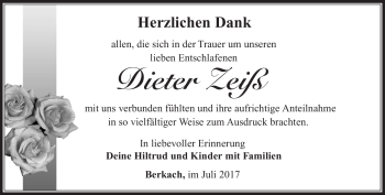 Traueranzeige von Dieter Zeiß von Südthüringer Presse