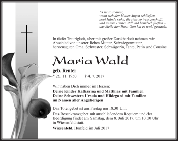 Traueranzeige von Maria Wald von Südthüringer Presse